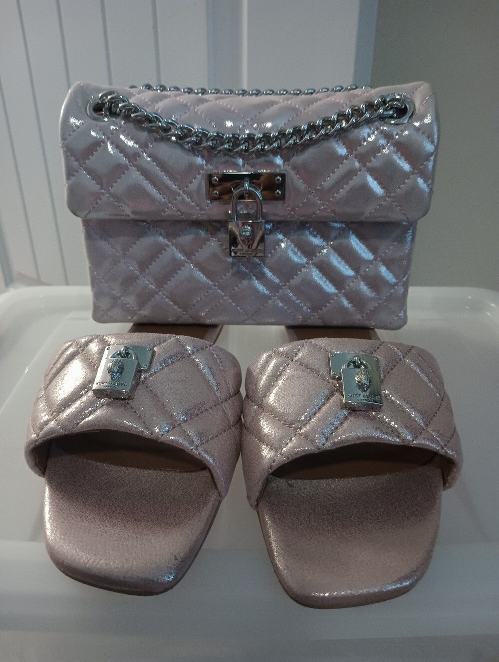 Kurt Geiger Quilted Metallic Light Pink Bag and Slides Size 8 Authentic